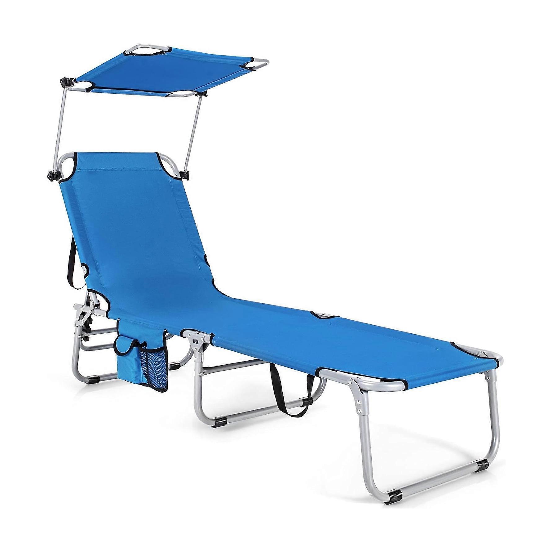 Beach Lounge Chair, Tanning Chair with Adjustable Backrest, Foldable Chaise Lounge with Canopy & Side Pocket for Pool, Patio, Beach (Navy)