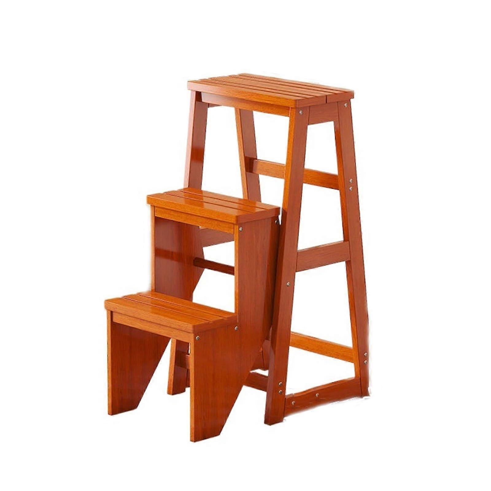 Solid Wood Staircase Stool Portable ThreeStep Step Bench DualUse Storage Ladder Light Walnut For Home Kitchen Library