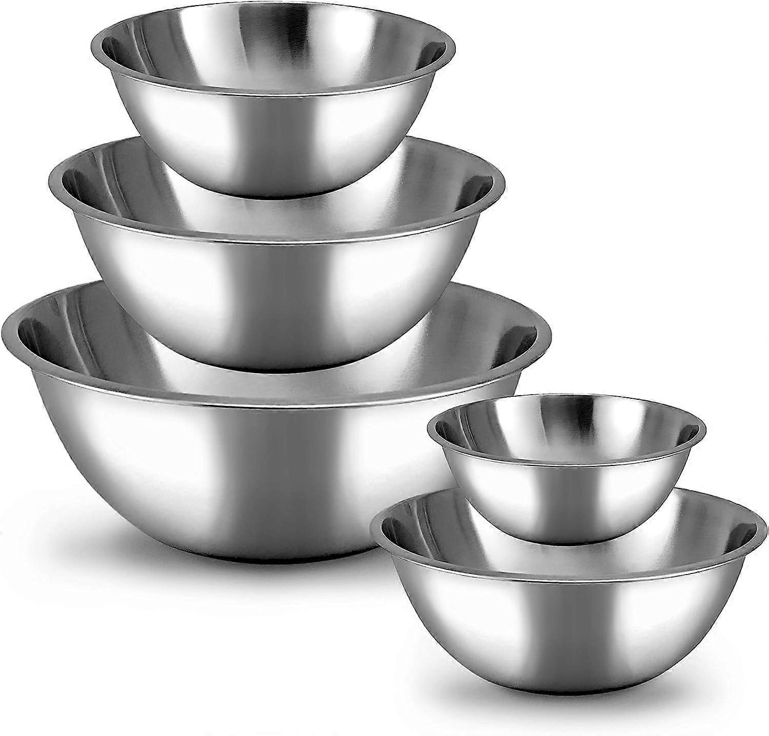 Stainless Steel Mixing Bowls Set of 5 with Nesting Design, Flat Base and Dishwasher Safe