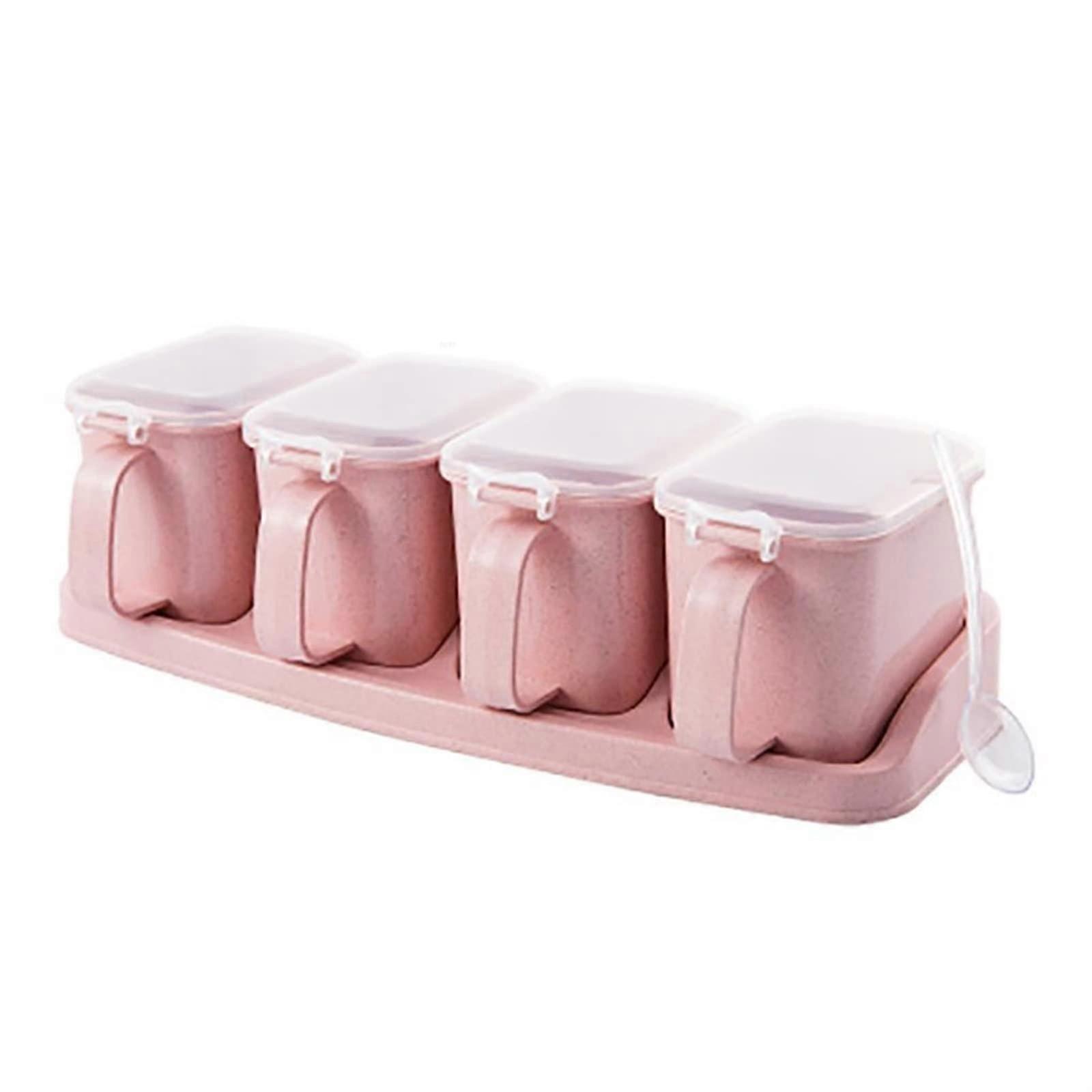 Spice Storage Container 4 Grid Seasoning Box Set with Spoon, Pink Durable Kitchen Organizer