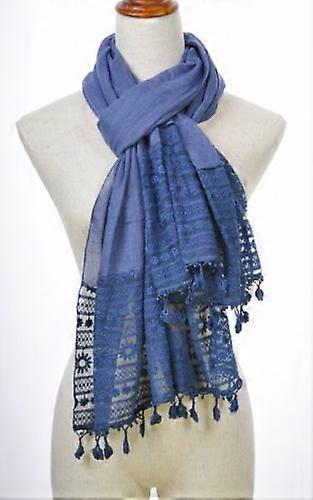 W50 Blue Gentle 100% Cotton Lady Long Scarf Shawl Embroidery Flower Lace