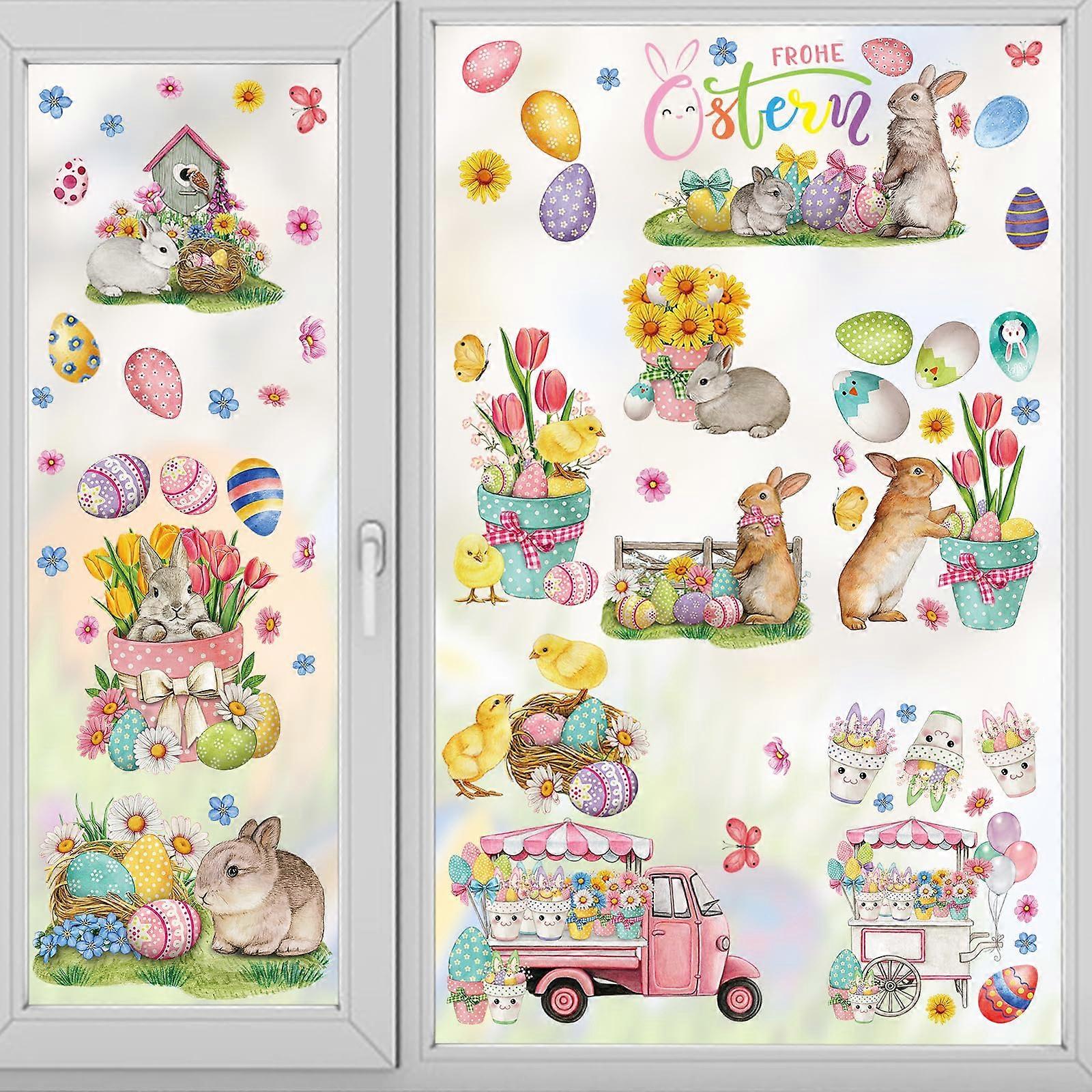 9 Sheet Easter Window Clings Vintage Bunny and Spring Flower Stickers Reusable Static Decoration