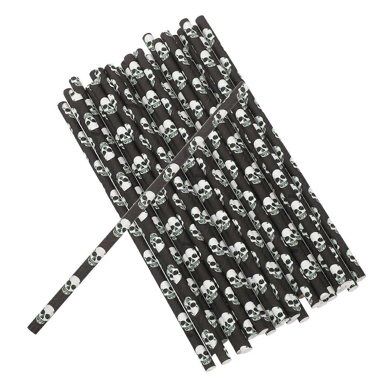 Skull Pattern Halloween Paper Absorbent Straws for Drinking 200Pcs