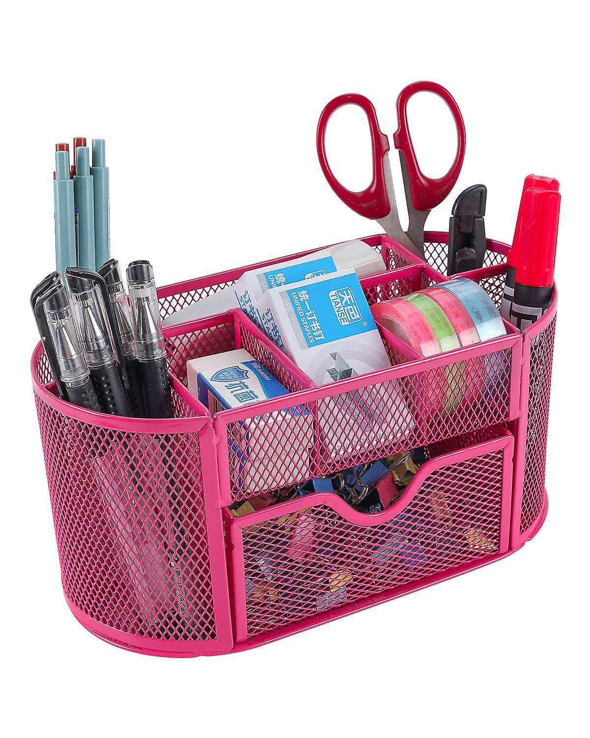 Office Mesh Desk Tidy Versatile Stationery Storage Desktop Organiser Pen Holder with Drawer,Pink