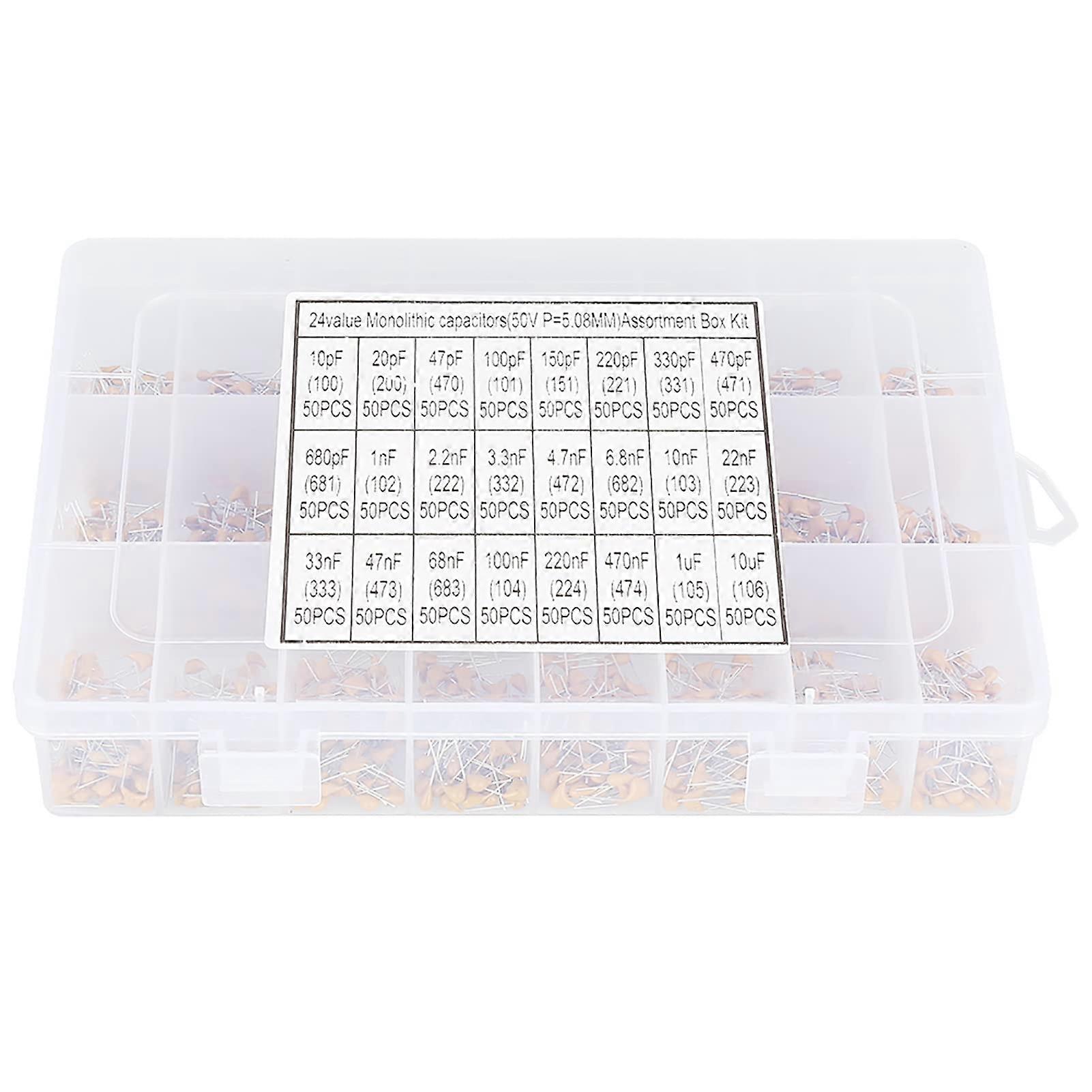 1200pcs Ceramic Capacitor Assortment Kit 50V 10pF10uF 24 Values with Labeled Storage Box for Electronics