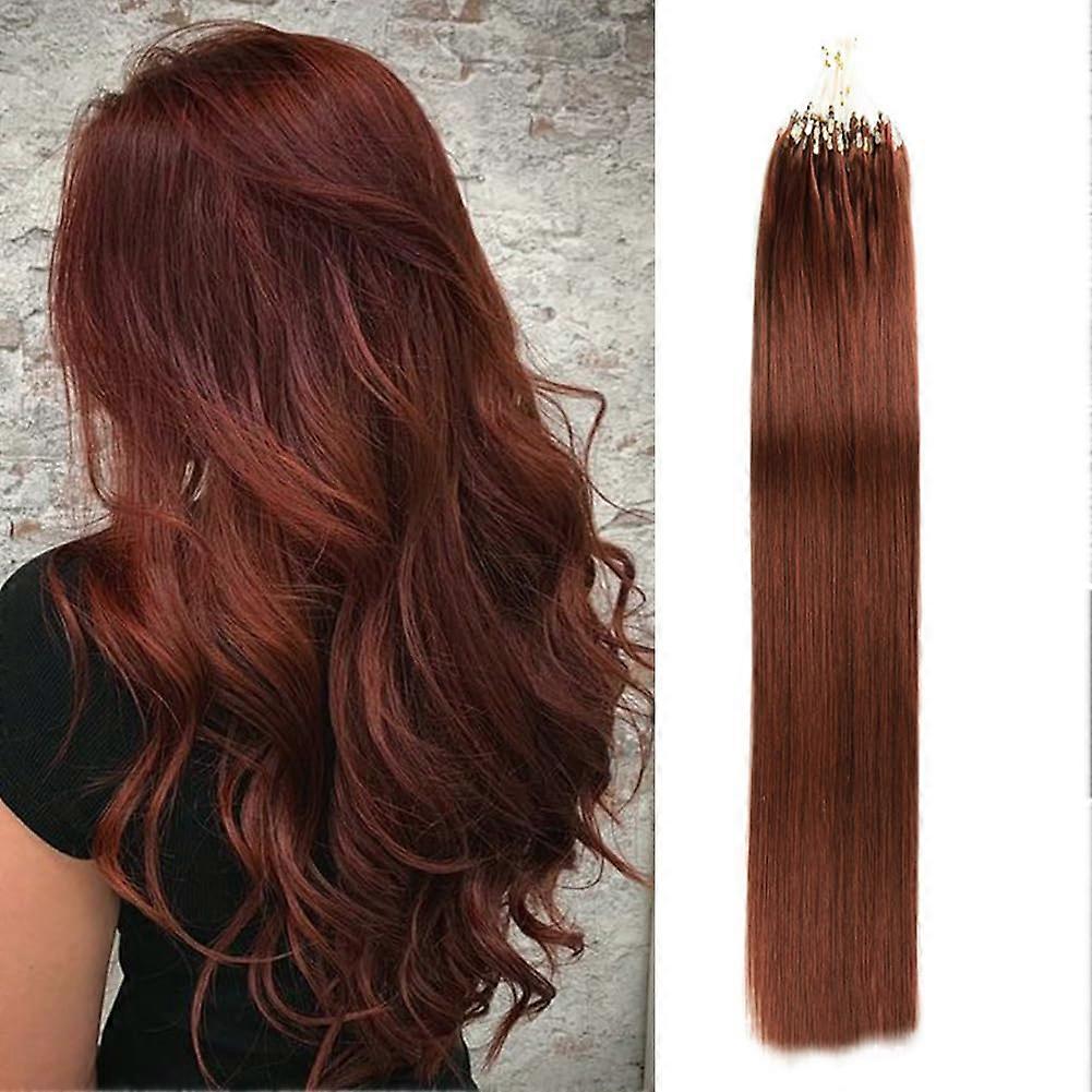 Micro Loop Human Hair Extensions 18 Inch Copper Brown Straight Invisible Micro Ring Tangle
