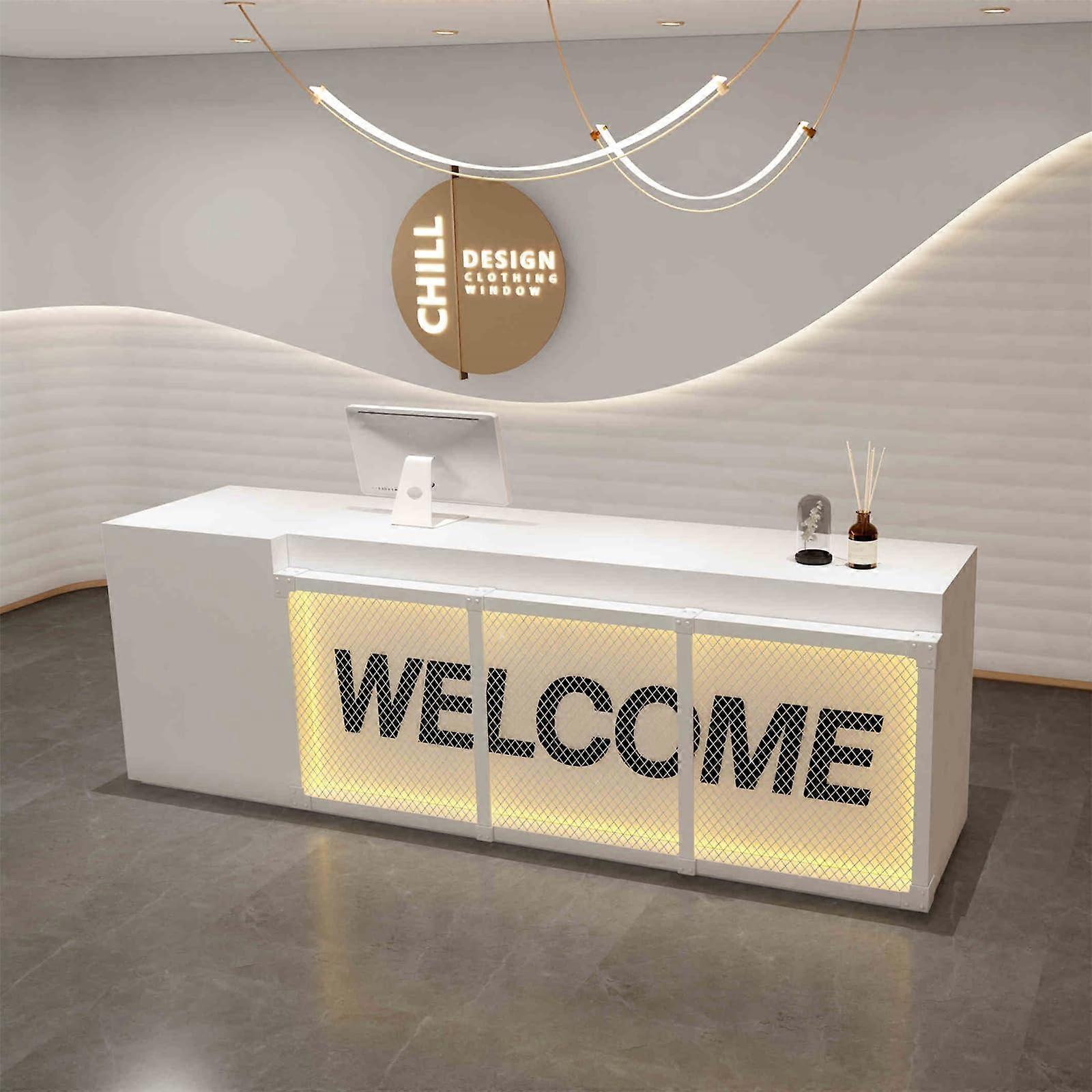 72 inch White Reception Desk with LED Lighting, Solid Wood Front Desk Counter for Modern Office