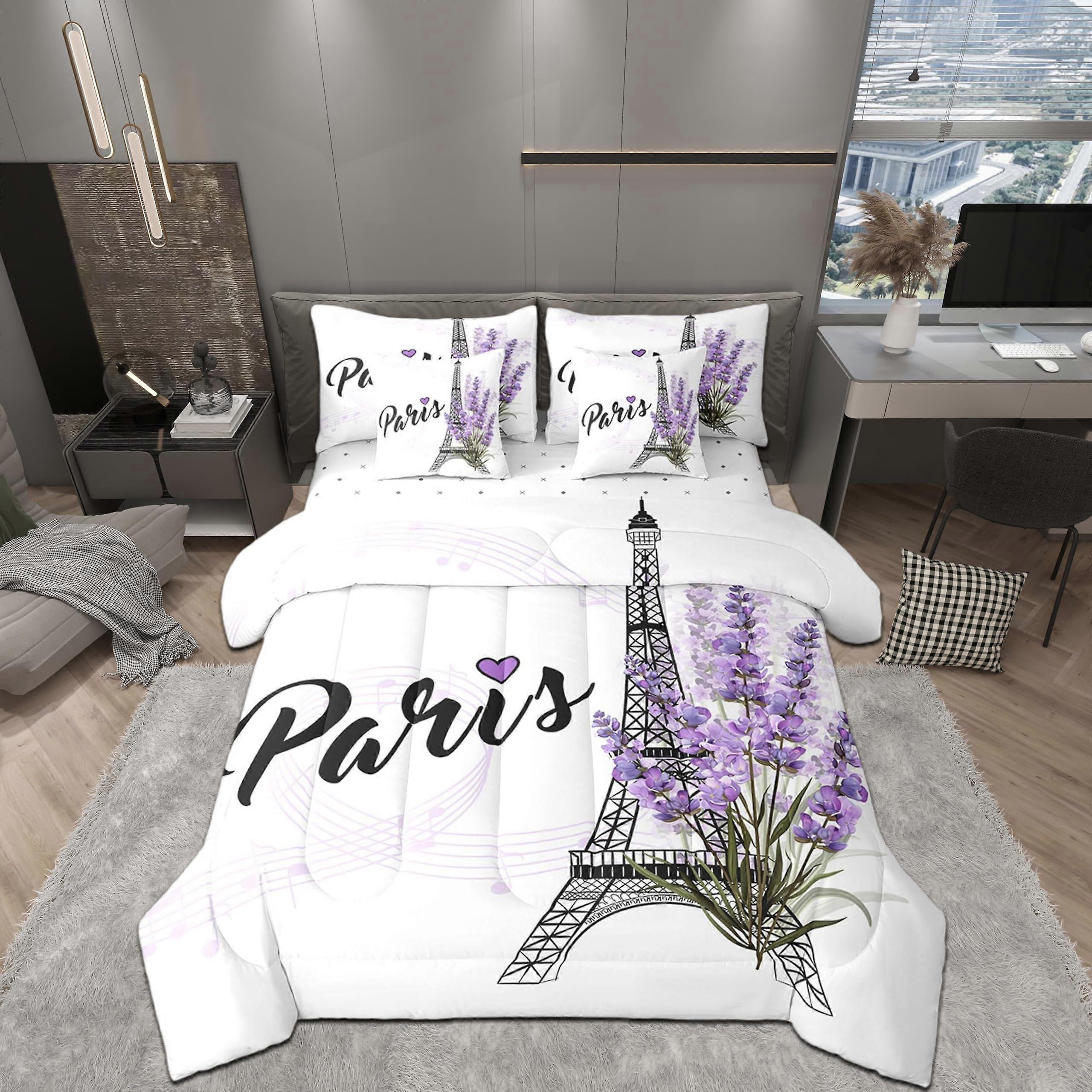 King Size Purple Floral Comforter Set with Eiffel Tower Design, Reversible Microfiber Bedding 7pcs