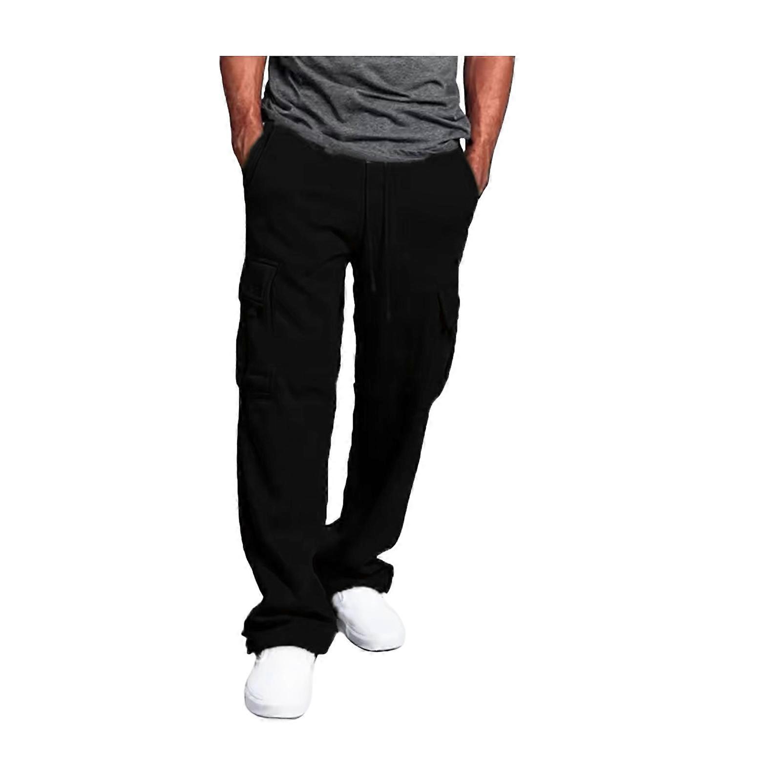 Men Cargo Pants with Multi Pockets Wide Leg Loose Solid Color Drawstring Elastic Waist Full Length