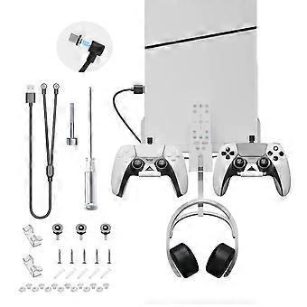 PS5 Slim Wall Mount Bracket – Metal Stand with Controller/Headphone/Remote Holders & 2-in-1 Magnetic Charging Cable