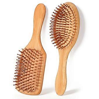 2 Pcs Bamboo Hair Brush Set, Round-tipped Bamboo Bristles Detangling Brush Paddle Natural