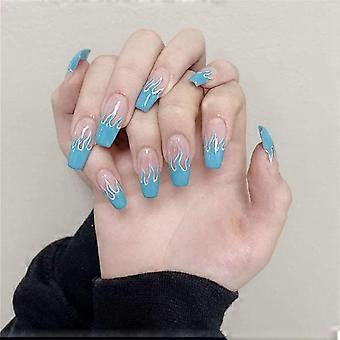 24Pcs Press on False Nails Flame Coffin Square Acrylic Fake Nails Fire Glue On Fingersnails for Women Girls DIY Manicure Salon