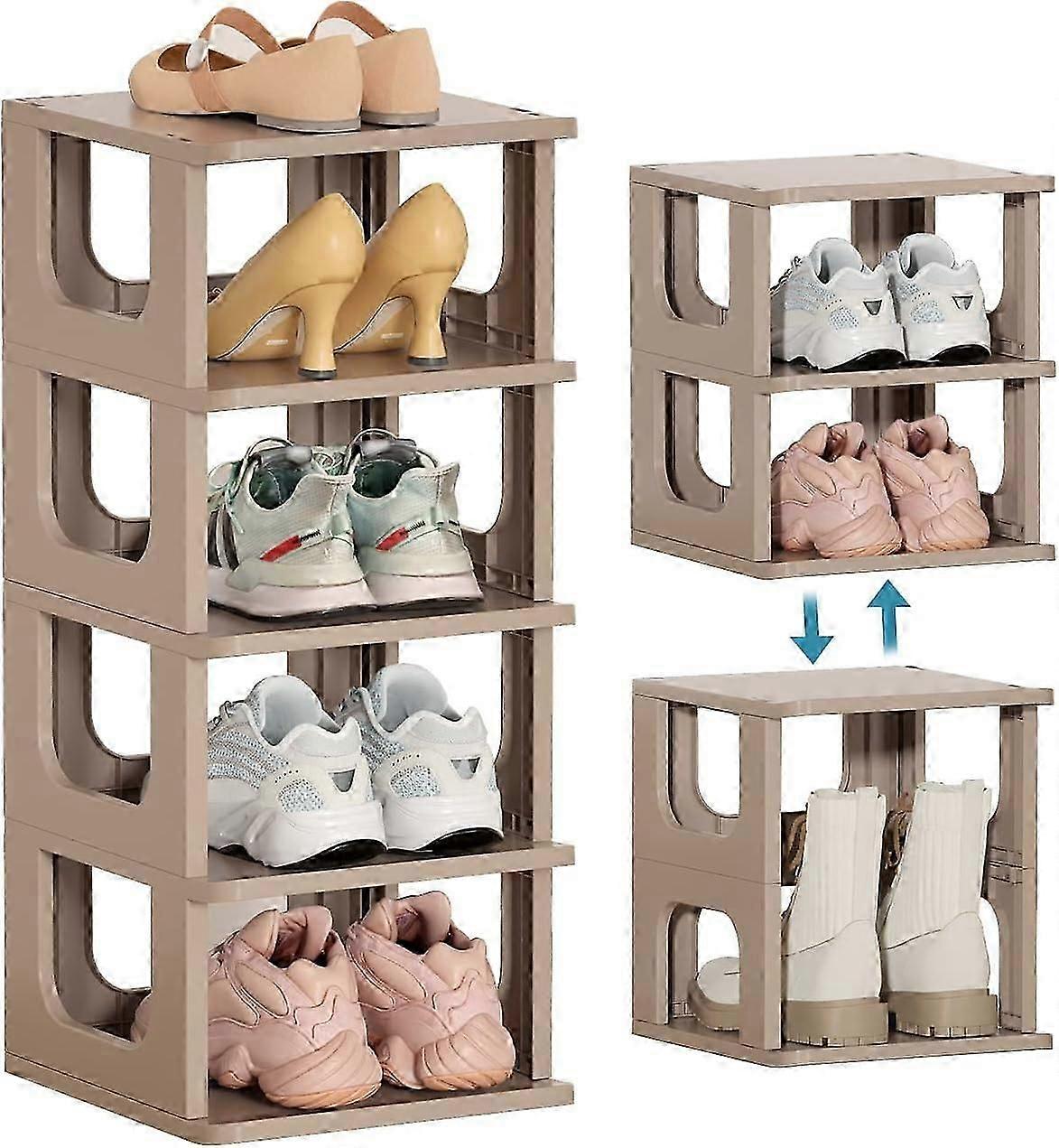 Grey Stackable Shoe Rack, Eco-Friendly Plastic, Space-Saving Design for Entryway and Under Bed Storage
