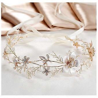 Goldenes Hochzeitsstirnband, Perlblume Braut Kopfbedeckungen für Hochzeit, Kristall Haarschmuck für Frauen Mädchen Haarrebe
