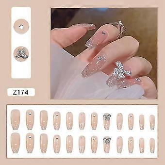 24pcs Shiny Bow Fake Nails Long Pointed Head Sweet Style Press On Nails Wearable Finished Nail