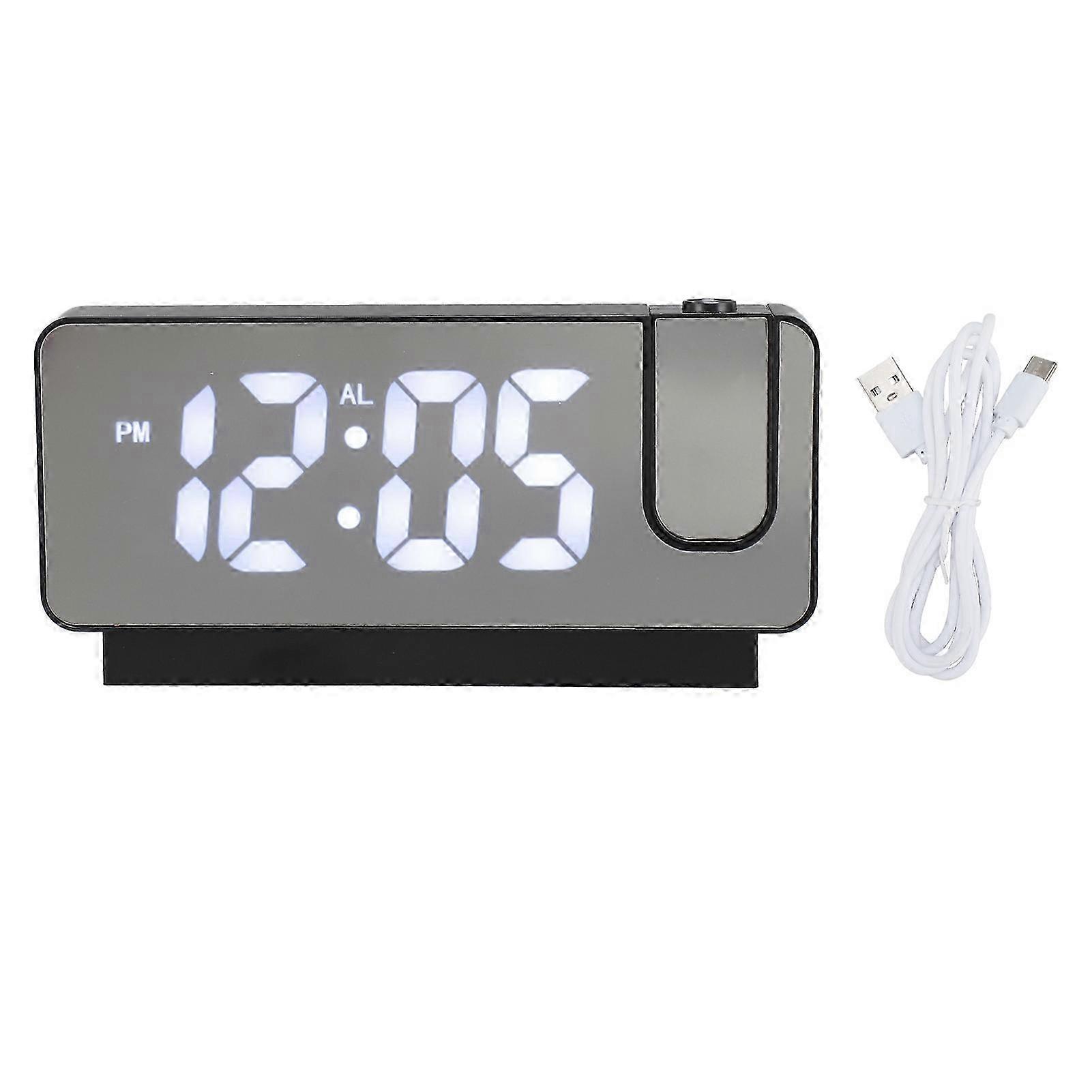 Projection Alarm Clock USB Rechargeable White Light Snooze Function Adjustable Brightness LED Mirror Digital Alarm Clock Black Shell