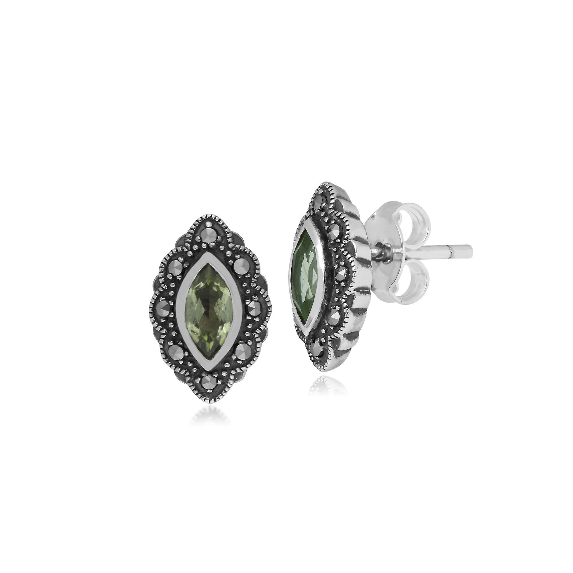 Art Nouveau Style Marquise Peridot & Marcasite Stud Earrings in 925 Sterling Silver 214E852503925