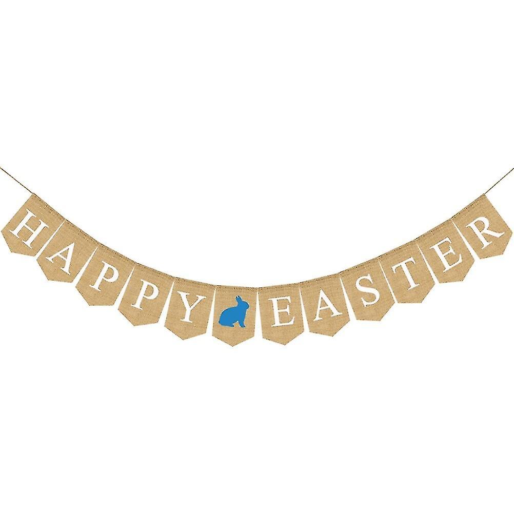 Happy Easter Bunny Banner Jute Non-woven Fabric Bunting Swallowtail Party Decoration Pull Flag (blue