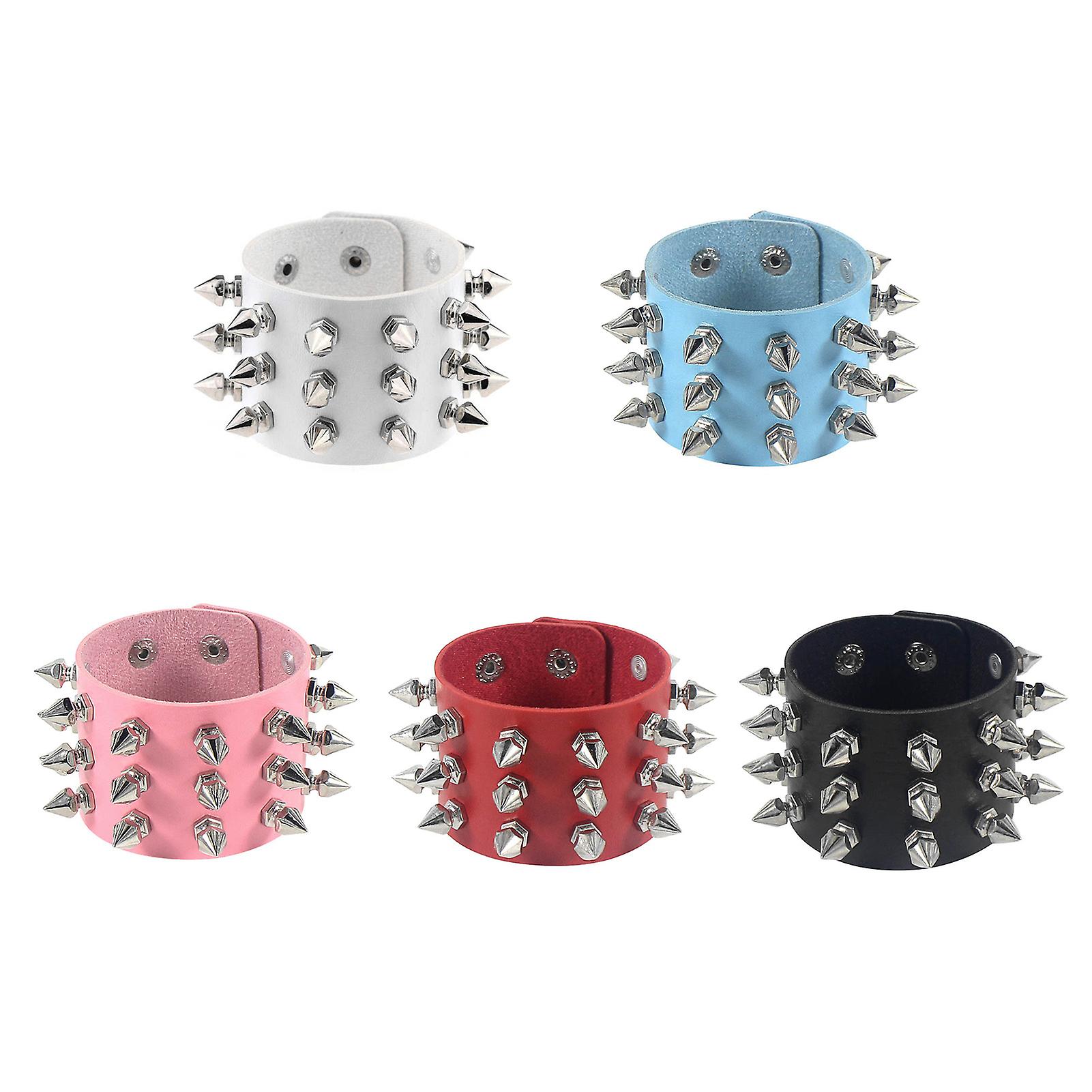 Retro Punk Bracelet with Three Rows Studded Wide Strap PU Leather Cuff Bracelet for Stage Performance Cosplay Prop