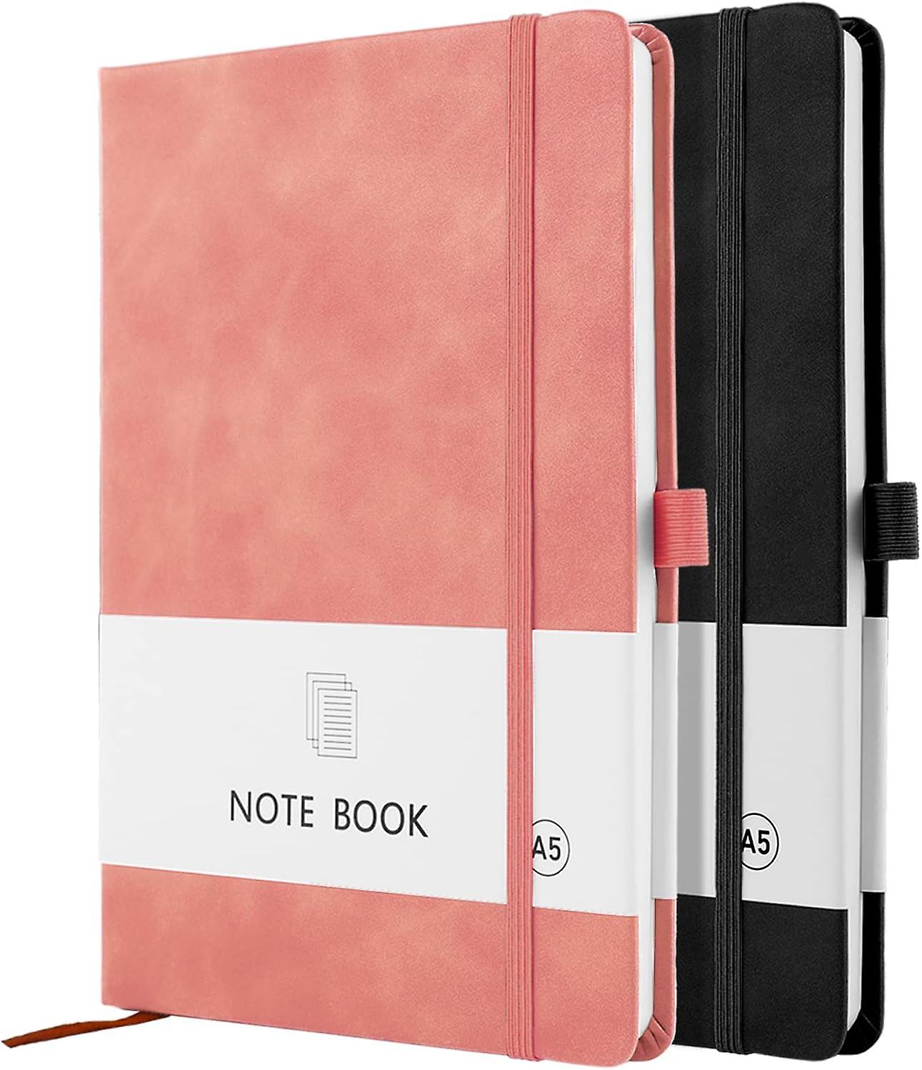 A5 Notebook, 2 Pack Notebook A5 200 Pages 100 GSM Journal Notebook Hardback Notepad with Bookmark, Pen Loop, and Elastic Closure (Black+Pink)
