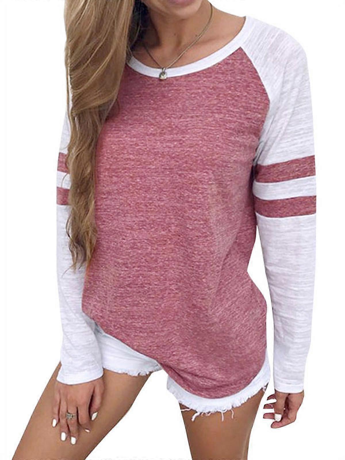 Women's Stripe Stitch Colorblock Pullover Shirt, Long Sleeve Casual T-shirt