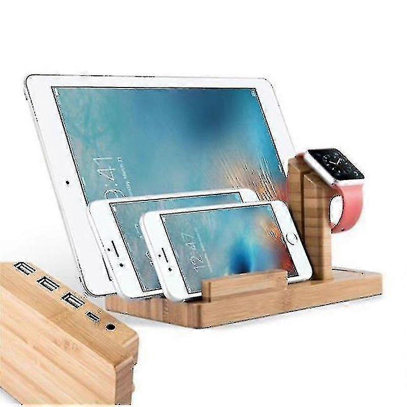 Docking Station - Charging Station Made Of Real Wood Bamboo - Power Station Platform With Integrated Usb Multi-interface For All Smartphones And Smart