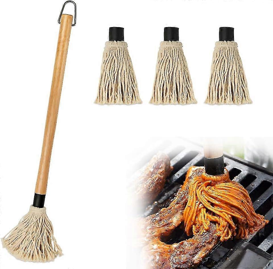 Barbecue Brushes, Kitchen Barbecue Sauce Basting Brushes with Long Wooden Handle with 3 Extra Replacement Heads for Cooking and Barbecue