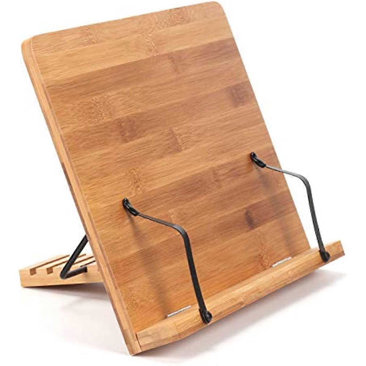 Book Stand Bamboo Cookbook Holder with Page Holder 340 X 240mm Portable Kitchen Bookrest with 5 Adjustable Angles
