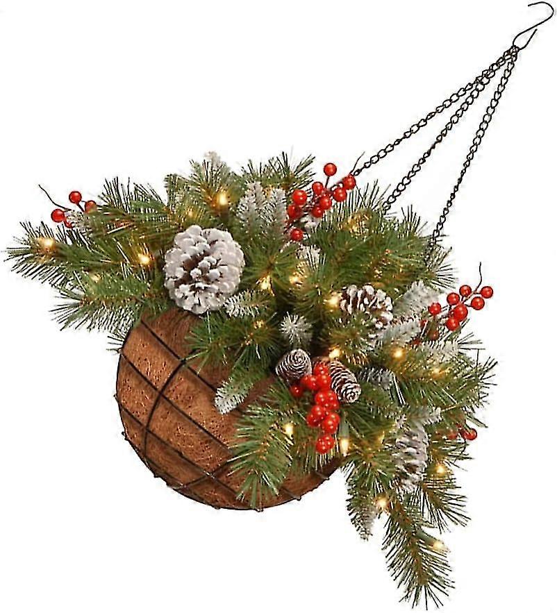 Christmas Decorations Artificial Christmas Hanging Basket With Led String Lights Pre- Lit Christmas Flower Basket Garland Red Berries Pine Cones For H