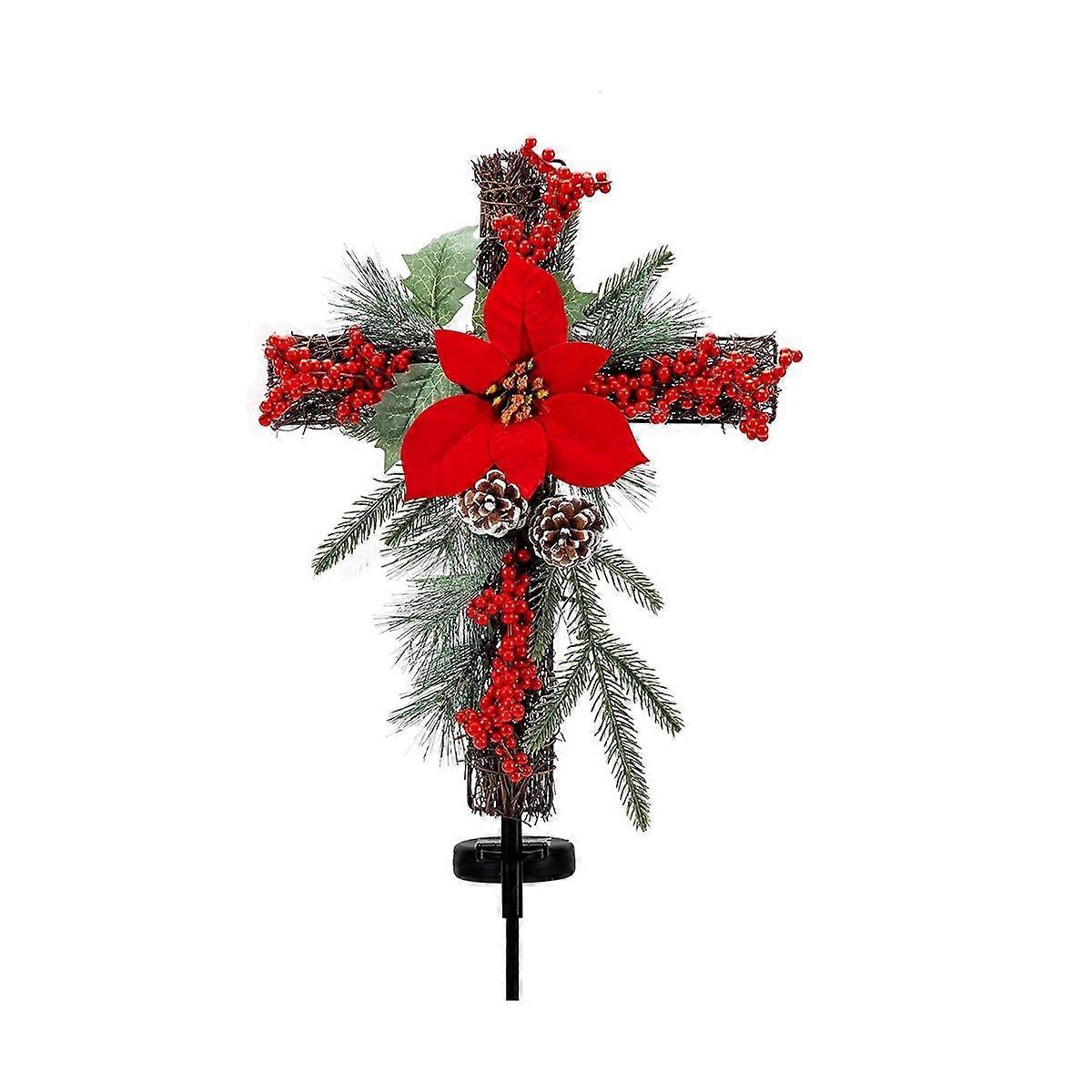 Christmas Stake, Solar Powered with Fairy Lights, Metal , Natural Rattan, Red Poinsettia & Berries