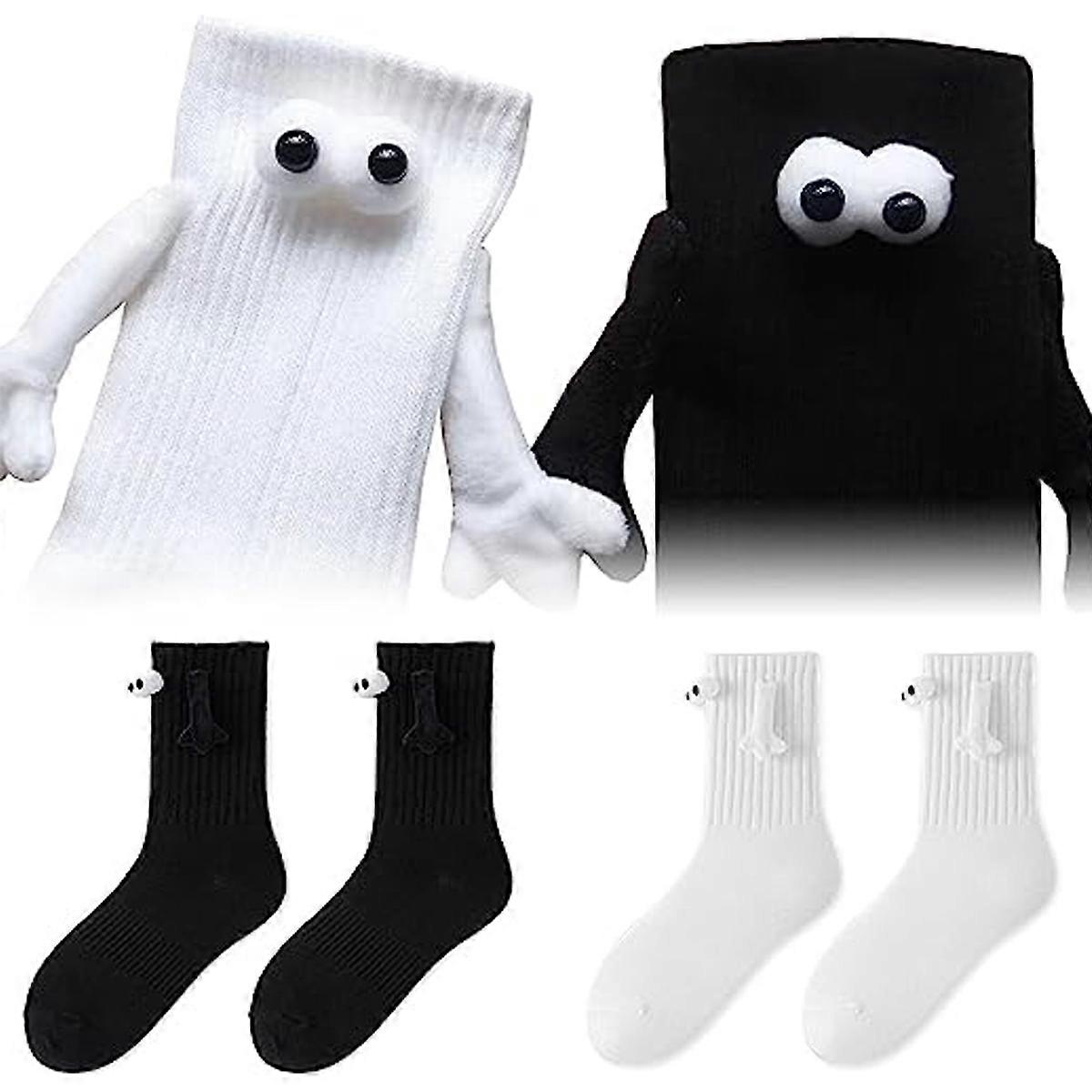 KXJ-2 Pair Holding Hands Socks, Couple Magnetic Hand Socks, Unisex Mid Tube Funny Hand In Hand Socks, 3D Doll Cute Gifts Socks for Women MenWhite+Blac