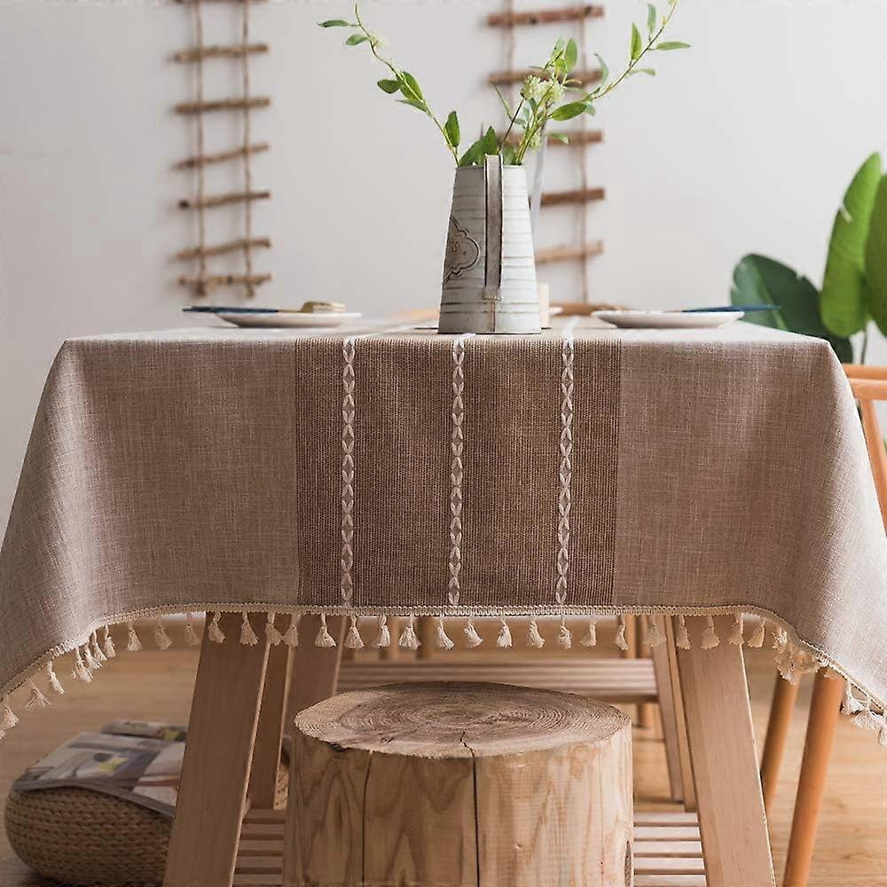 Sturdy Cotton and Linen Tablecloth for Rectangular Tables Tablecloth with Sturdy Lattice Embroidery. (140 x 250 cm, Khaki)