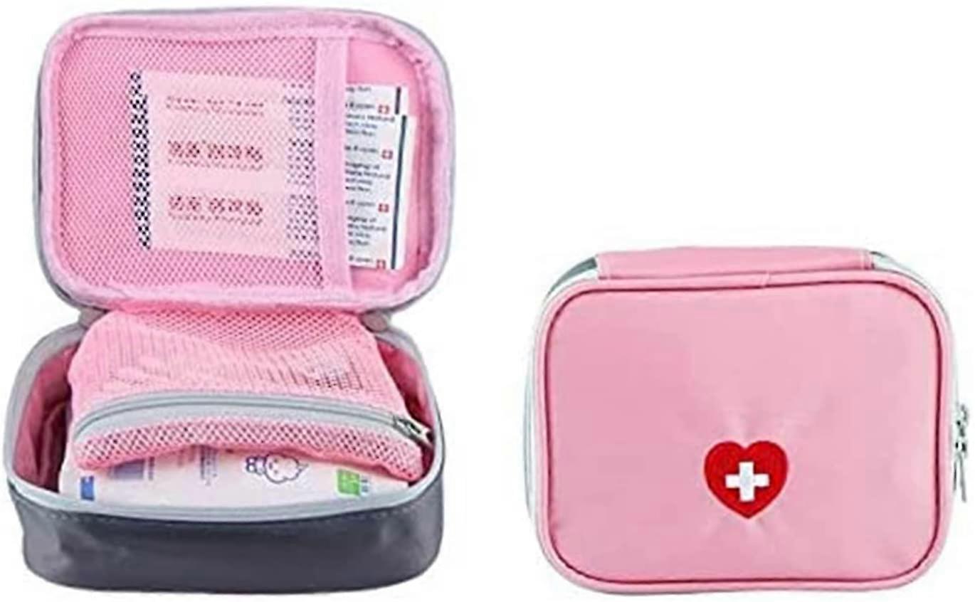 First Aid Kit Small Portable Empty Pink Nylon With Multi-pocket To Load Medicines For Travel 13x10x4cm