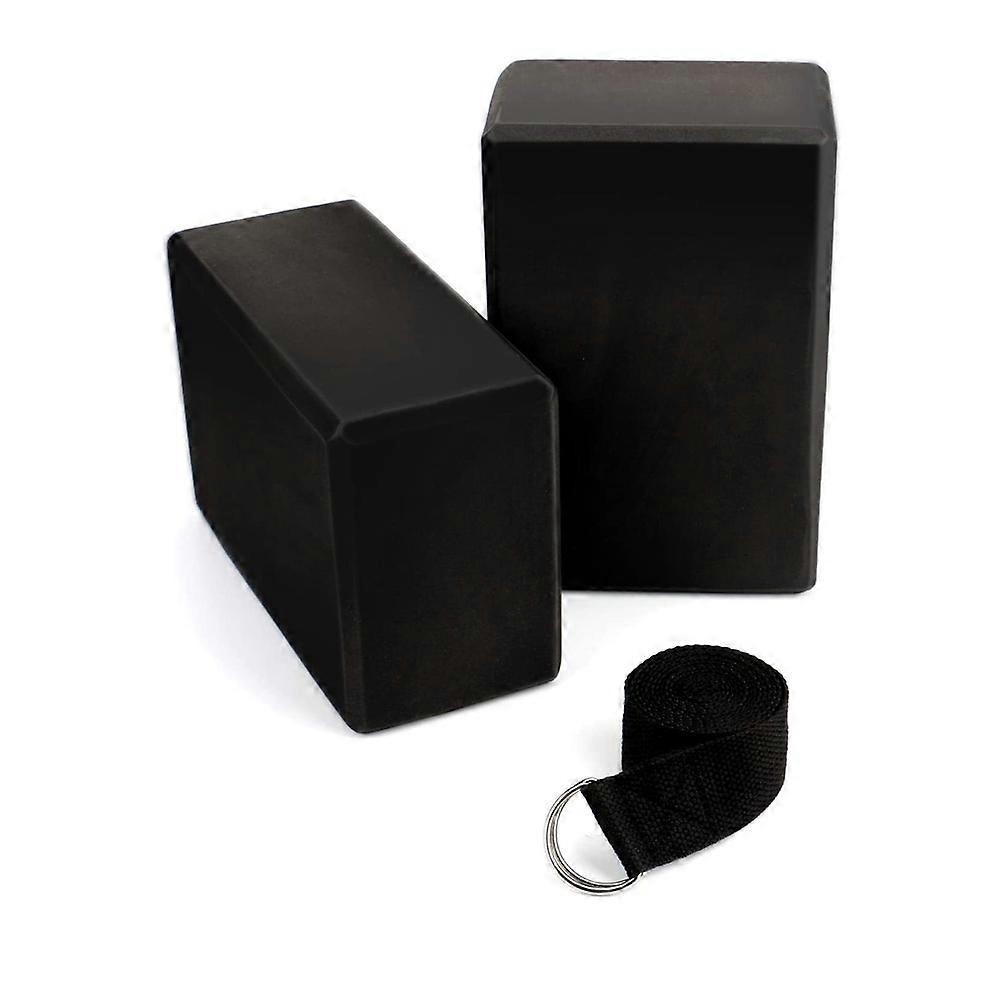 Set of 2 Yoga Blocks with Yoga Belt - Yoga Block for Blockages Training, Stretching Exercises for Beginners and Advanced (Black)