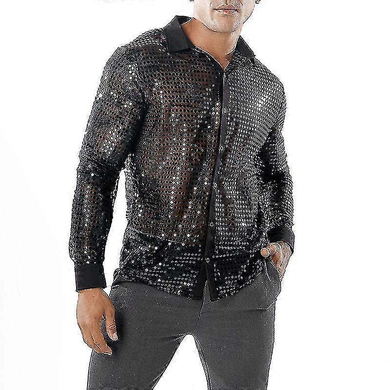 أعلى شبكي لامع بالترتر للرجال ، 60s 70s قميص رقص ديسكو