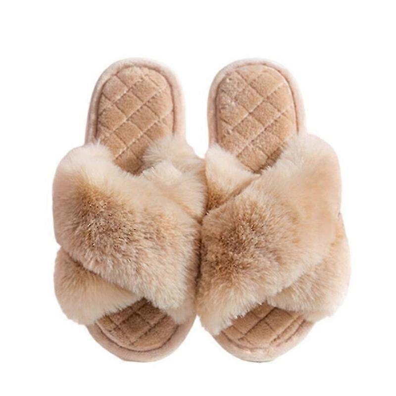 Women's Cross Band Slippers Fuzzy Soft House Slippers Plush Furry Warm Cozy Open Toe Fluffy Home Shoes Comfy Winter Indoor Outdoor Slip On Breathable