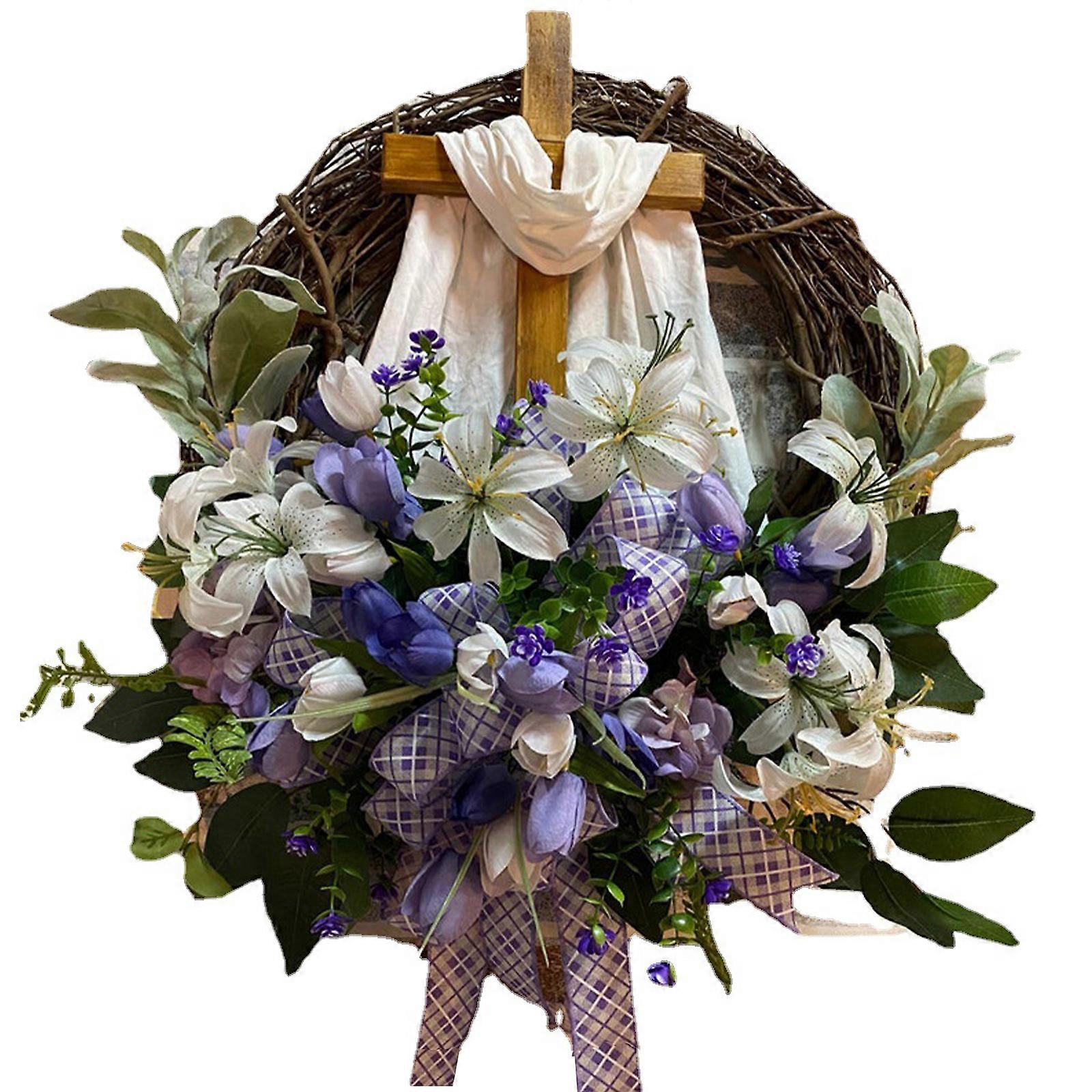 Easter Rattan Cross Wreath Ring 45cm Silk Cloth Multicolor