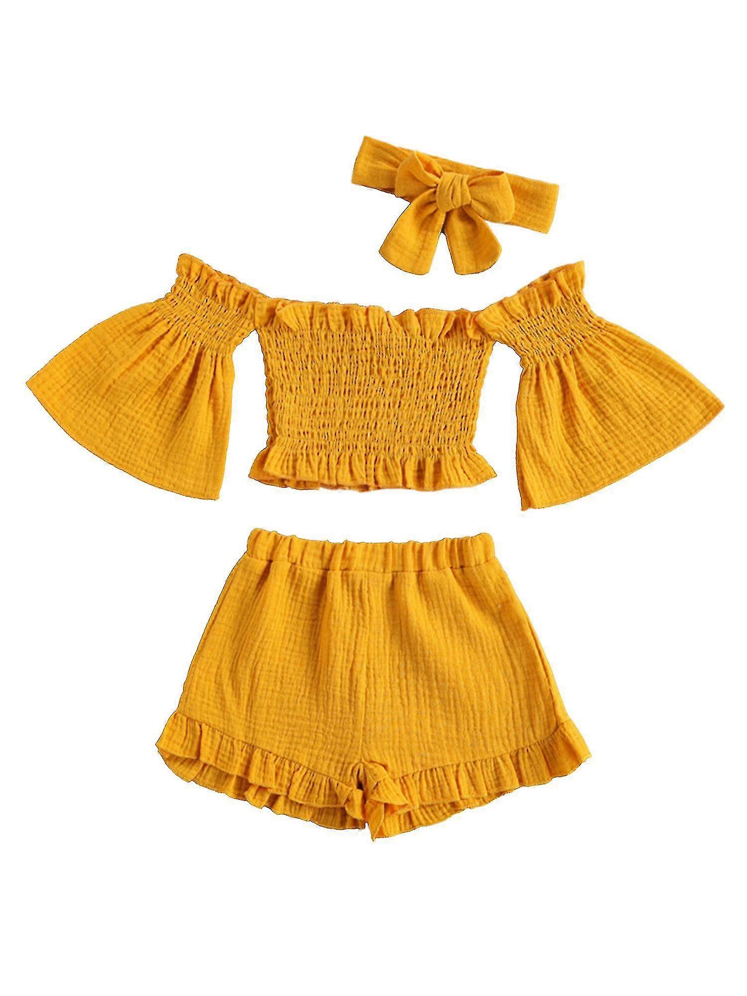 Kids Girl Summer Beach Outfit Trumpet Sleeve Top Shorts Headband Set Clothes-r