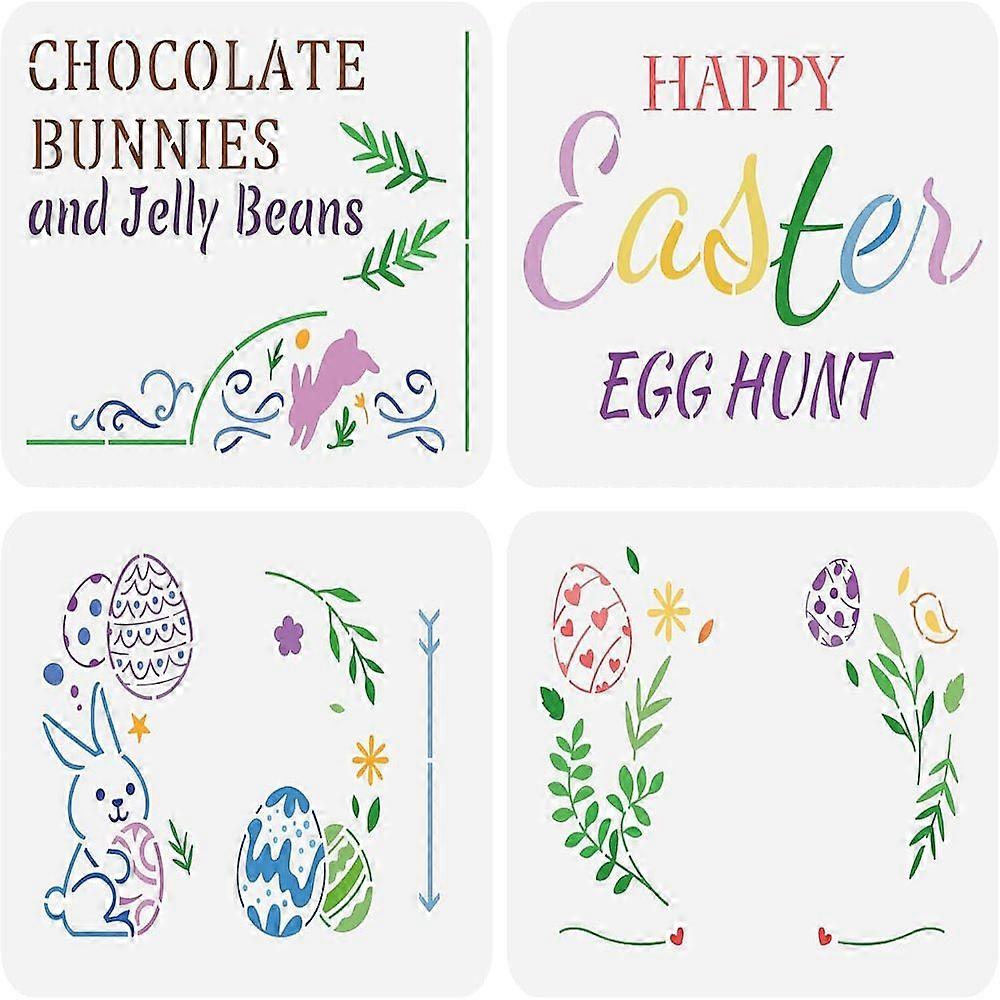 1Set 4Pcs 4 Styles PET Hollow Out Drawing Painting Stencils Sets for DIY Scrapbook Photo Album Easter Egg & Rabbit & Word Easter Theme Pattern 29.7x21