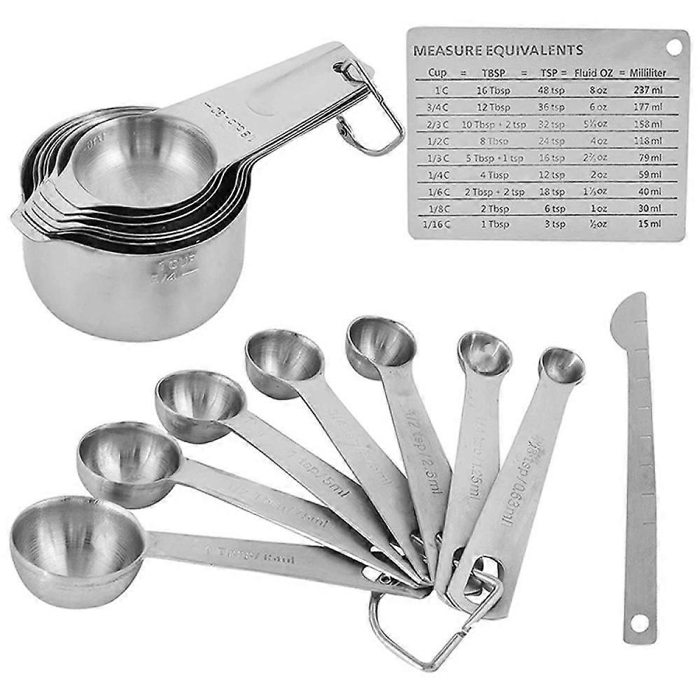 Stainless Steel Measuring Cups And Spoons Set Of 7 Cup & 7 Spoon + Conversion Chart & Leveler - Kitchen Measuring Spoons And Cups - Dry Measure Cups S