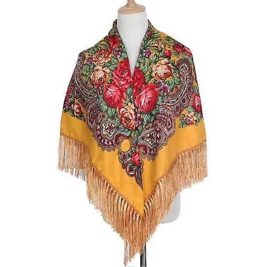 Ethnic Style Retro Shawl Scarf with Tassel Flower Print Autumn Winter Warm Square Fringed Head Wrap for Wedding Party