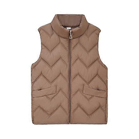 Women Fluffy Down Cotton Vest Jacket Solid Loose Casual Quilted Stand Collar Lightweight Zipper Closure Pockets Versatile Outerwear for Home Travel