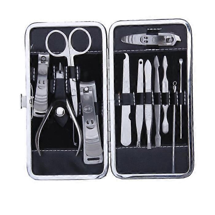 PIXNOR 12pcs Stainless Steel Manicure Tool Kit Set - Black - Silver