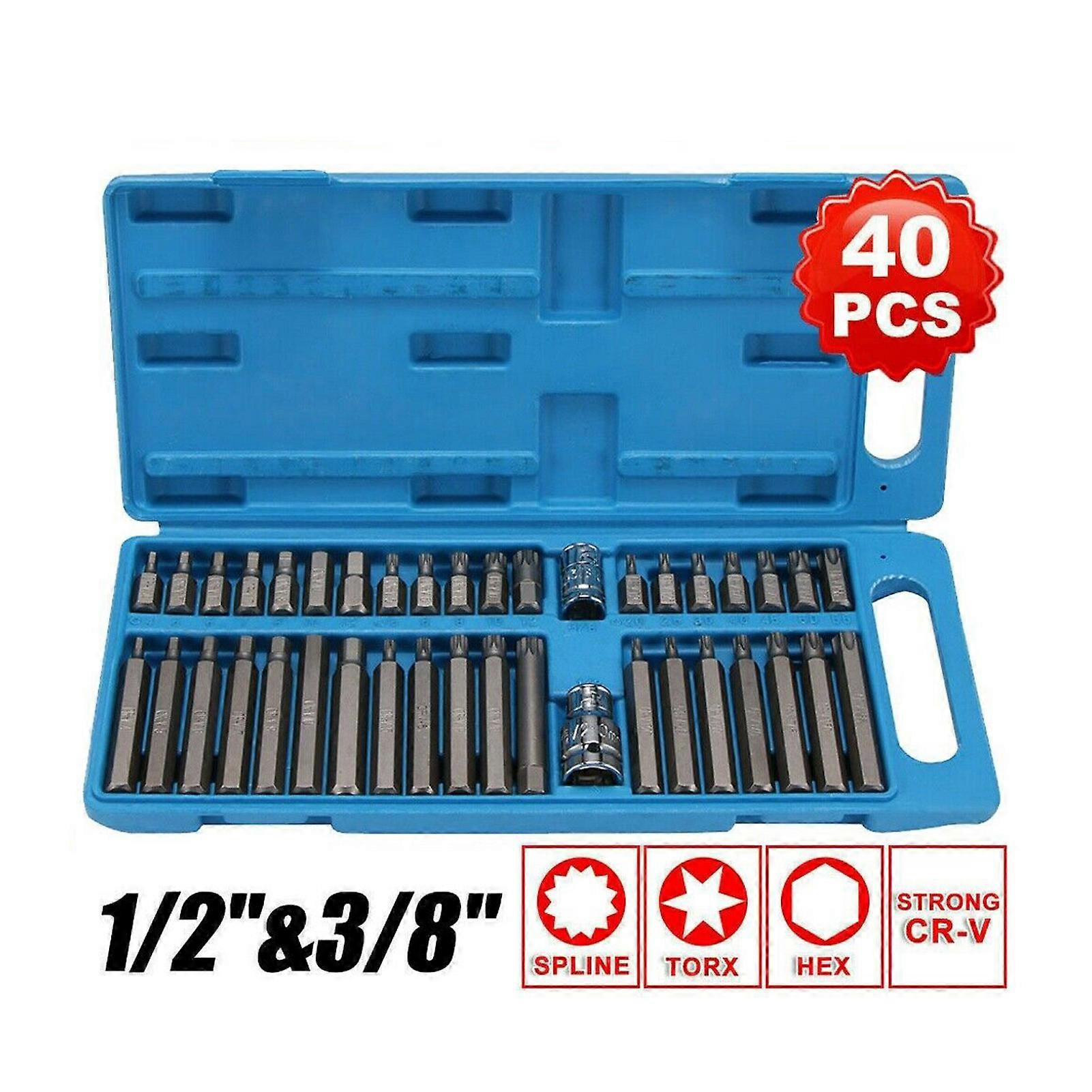 40 in 1 Spline& Hex& Torx Star Bit Socket Set 3/8 1/2''Diameter Long Short Reach Allen Key with Storage Box