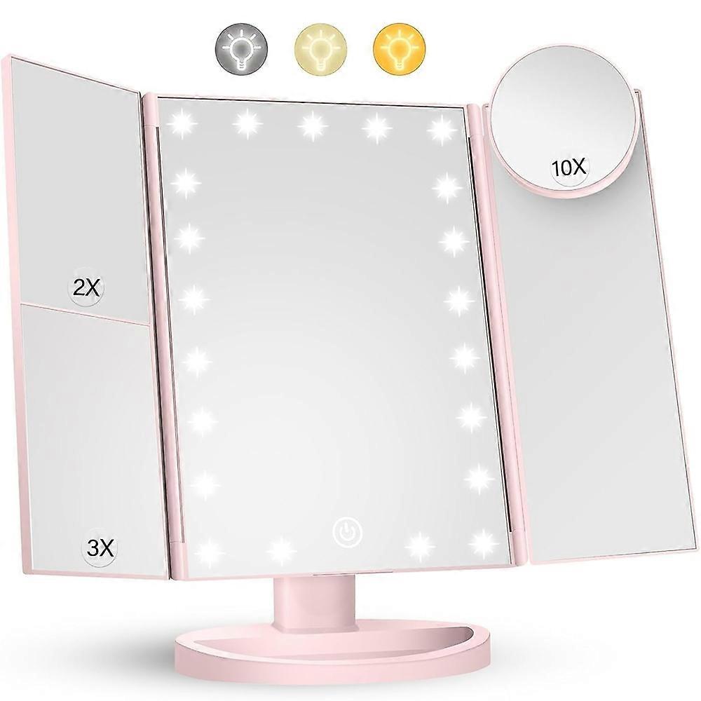 3 Side Foldable Makeup Mirror Dimmable Light 22LED Tabletop Vanity Mirror with Small Round Mirror