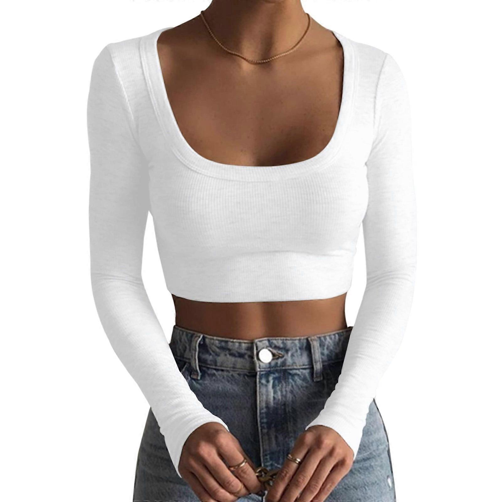 Stylish Long Sleeve Top Comfortable and Soft Polyester Fabric Crop T-Shirt for Casual and Formal Occasions  White S