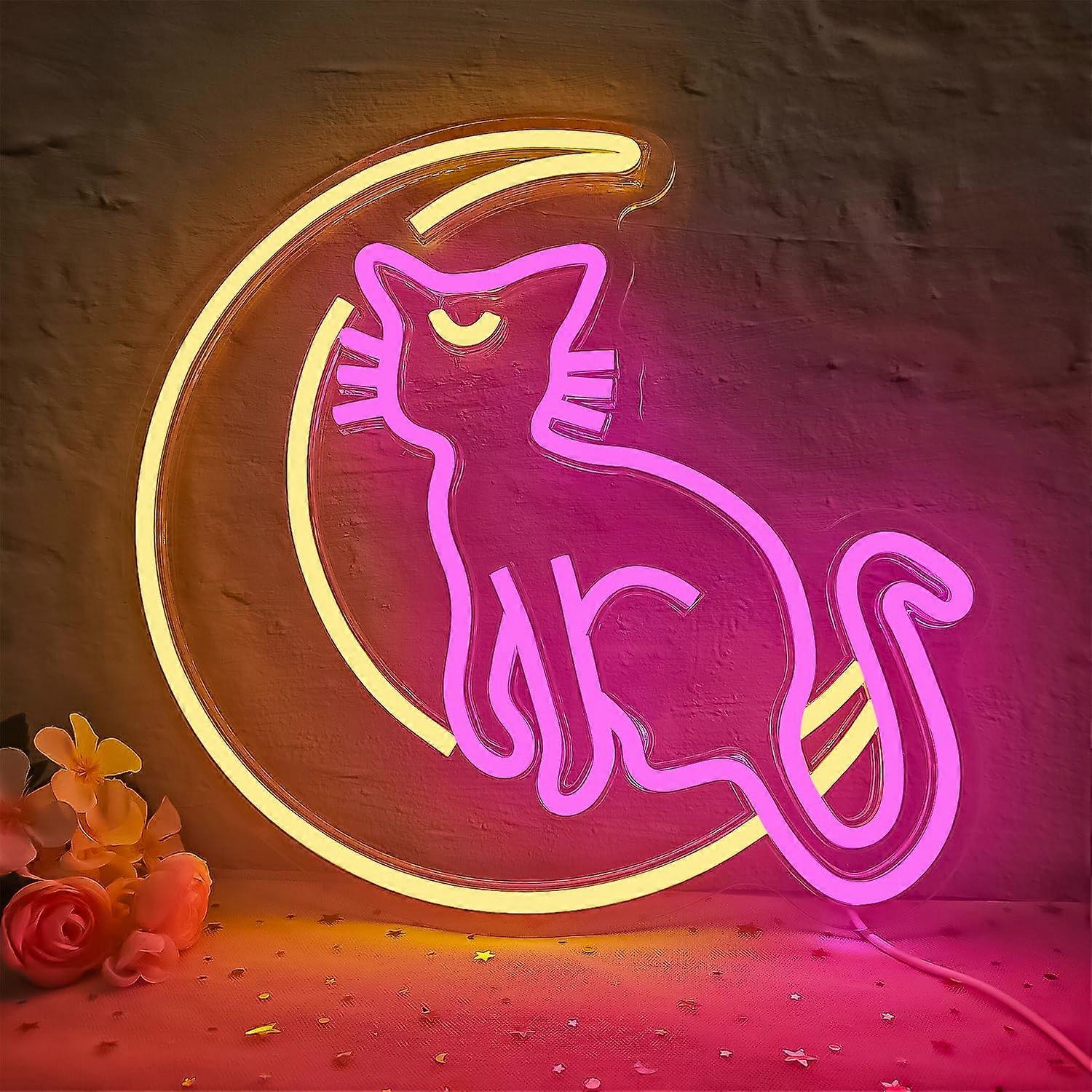 Japanese Anime Cat Neon Signs Dimmable LED Neon Light Sign Cartoon Luna Moon Cat Bedroom Wall Decor Girls Room Dorm