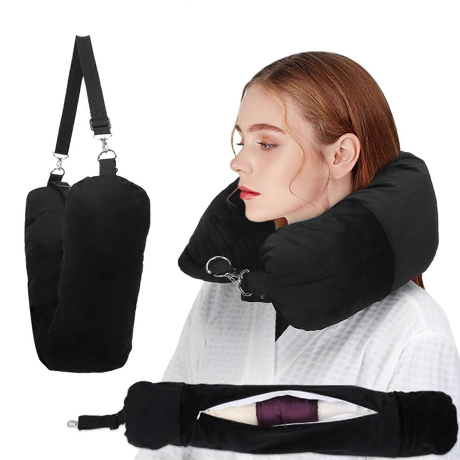 Stuffable Travel Pillow - Black Neck Pillow for Travel with Clothes Storage, No Extra Baggage Fees, 5+ Days Essentials