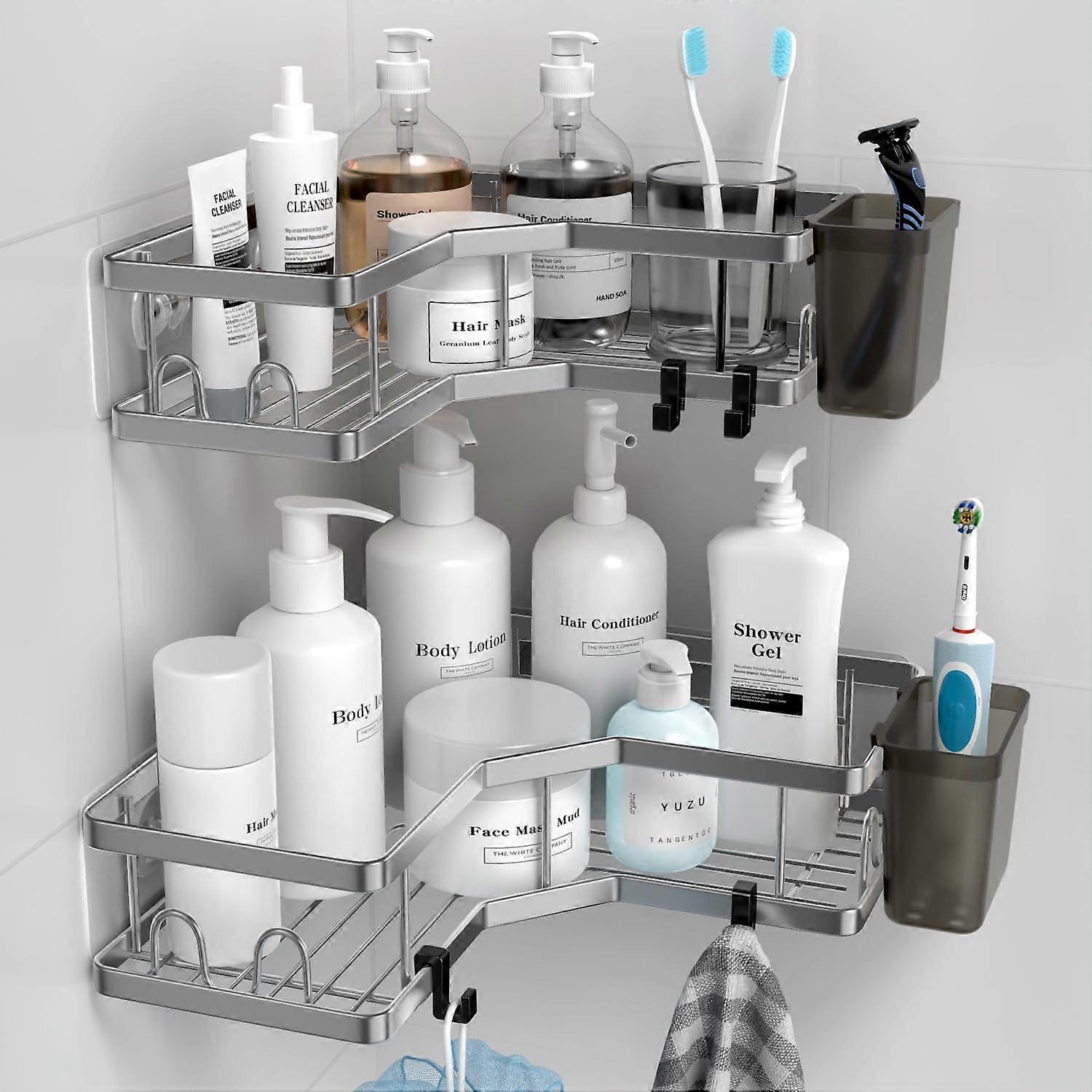 Corner Shower Caddy 2-Pack Adhesive Stainless Steel No-Drill Shelf With Hooks And Toothpaste Holder