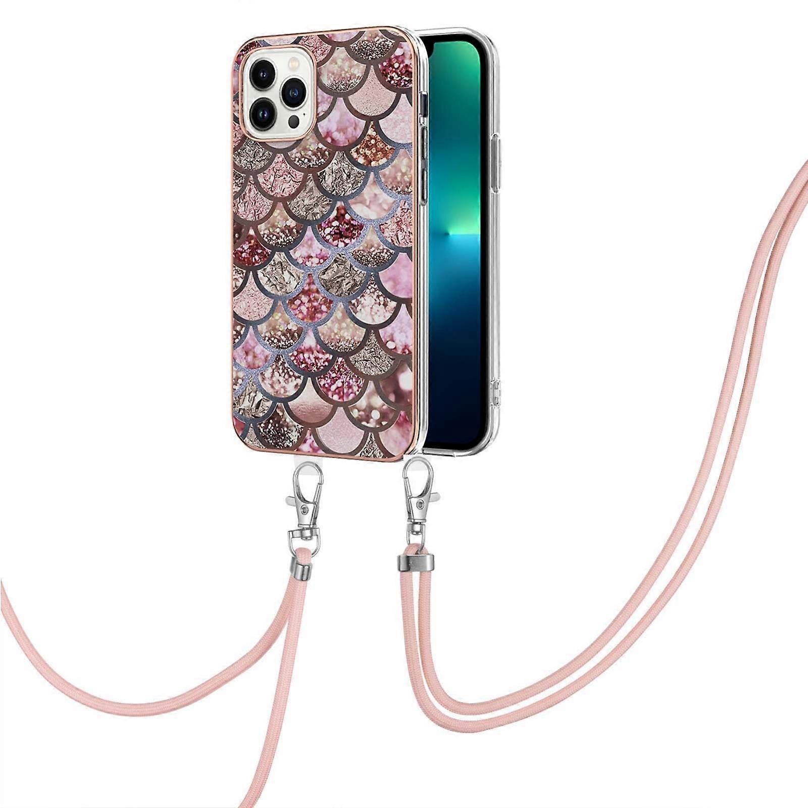For iPhone 16 Pro Electroplating Pattern IMD TPU Shockproof Case with Neck Lanyard